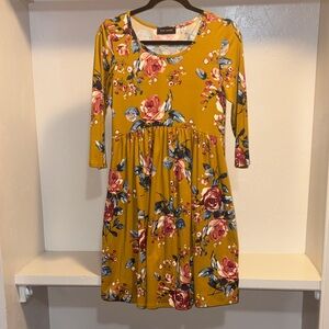 Rae Mode Girls' Mustard Floral Long Sleeve Swing Dress